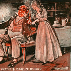 Postal de Charles Dickens 'El capitán Cuttle y Florence Dombey' de Hildesheimer and Co. Ltd., ilustración dickensiana, Dombey and Son