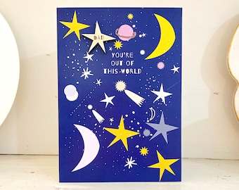 Handmade Father's Day Card, 'Out of This World' with Wooden Star