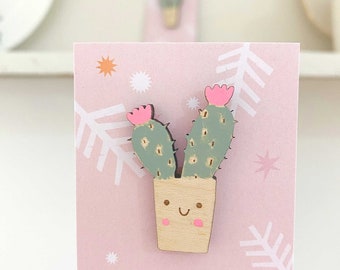Smiley cactus pin badge / handpainted / wooden pin badge / sustainable / keepsake