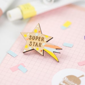 Handpainted Superstar Wooden Pin Badge: Maple Veneer Keepsake