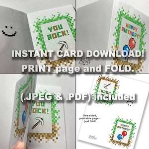 Cartão de aniversário infantil Minecraft para impressão filho filha Download instantâneo Arquivo digital PDF JPEG estilo jogador picareta tamanho carta dobrável 8,5 x 11