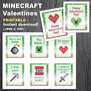 Tarjetas de San Valentín de Minecraft para imprimir para niños en el aula Descarga instantánea Archivo digital PDF JPEG Gamer Divertido Lindo Único Letra cortada Tamaño 8.5 x 11
