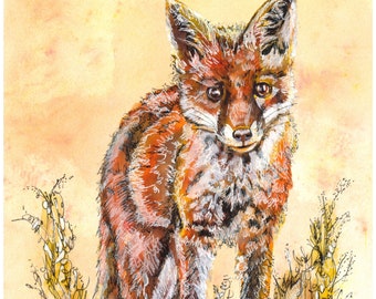 Fox Giclee Print, British Wildlife Watercolor, Mixed Media Art