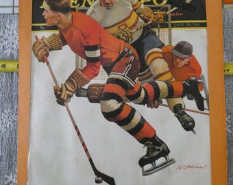 Saturday Evening Post, portada original de M. L. Bower, 18 de enero de 1936, vol. 208, n.° 29. Jugadores de hockey sobre hielo, 10 x 13 pulgadas, montado, 12 x 17 pulgadas.