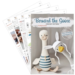 Peut inclure: Patron de crochet pour Bernard le Canard, un mod&egrave;le d'amigurumi au crochet avec des images &eacute;tape par &eacute;tape et des instructions d&eacute;taill&eacute;es. Le patron comprend un canard gris avec un chapeau blanc et un canard blanc avec une chemise ray&eacute;e bleu et blanche.