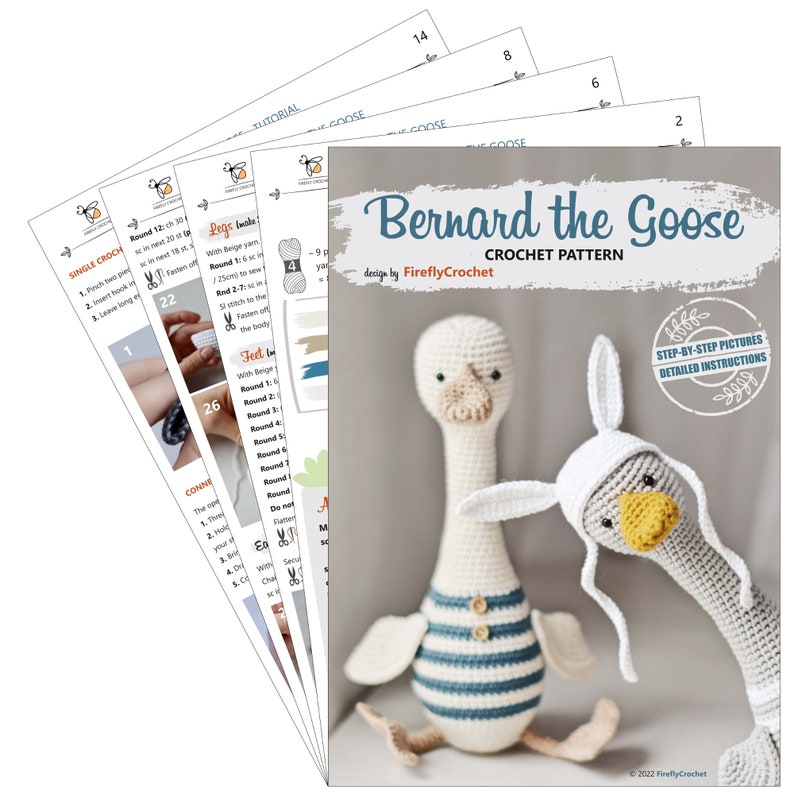 Peut inclure: Patron de crochet pour Bernard le Canard, un mod&egrave;le d'amigurumi au crochet avec des images &eacute;tape par &eacute;tape et des instructions d&eacute;taill&eacute;es. Le patron comprend un canard gris avec un chapeau blanc et un canard blanc avec une chemise ray&eacute;e bleu et blanche.