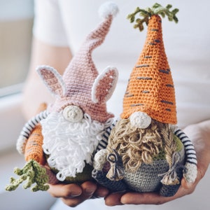 Two Easter Gnomes Crochet Pattern, Crochet Bunny Gnome and Carrot Gnome DIY