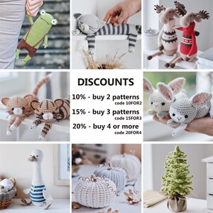 May include: A collage of crocheted amigurumi toys, including a frog, cat, moose, bunny, goose, pumpkin, and a Christmas tree. The image includes text that reads "DISCOUNTS" and lists discounts for buying multiple patterns, with corresponding discount codes.