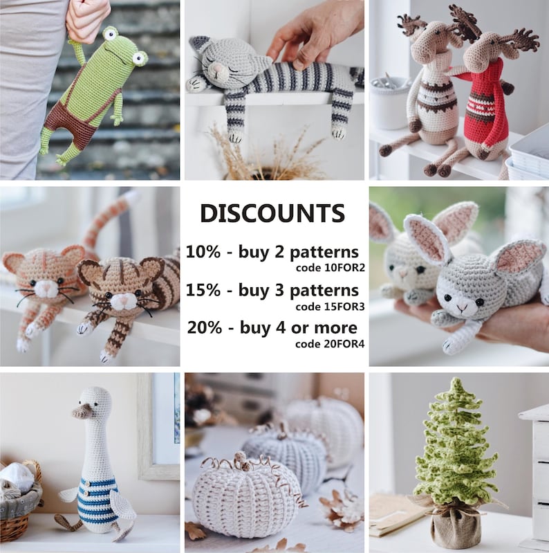 May include: A collage of crocheted amigurumi toys, including a frog, cat, moose, bunny, goose, pumpkin, and a Christmas tree. The image includes text that reads "DISCOUNTS" and lists discounts for buying multiple patterns, with corresponding discount codes.