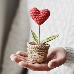 Modèle au crochet de plante en forme de coeur rouge dans un pot, modèle de crochet personnalisé anniversaire en PDF, tutoriel sur la façon de crocheter une plante