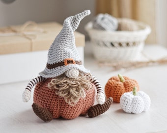 Fall Gnome Crochet Pattern PDF, Harvest Pumpkin Gnome Amigurumi Instructions 9.5”
