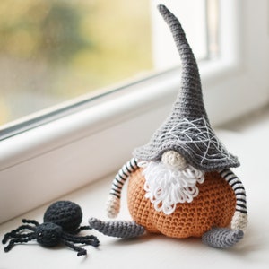 Halloween Pumpkin Gnome & Spider Crochet Pattern PDF, Crochet Halloween Decor Tutorial, Autumn Gnome Amigurumi DIY 10”