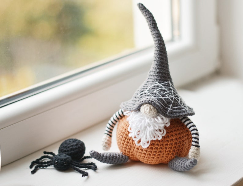 Halloween Pumpkin Gnome & Spider Crochet Pattern PDF, Crochet Halloween Decor Tutorial, Autumn Gnome Amigurumi DIY 10 image 1