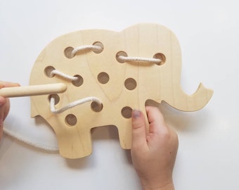 Elephant lacing toy, preschool sewing, toddler gift, preschool toy, fine motor skills toy,