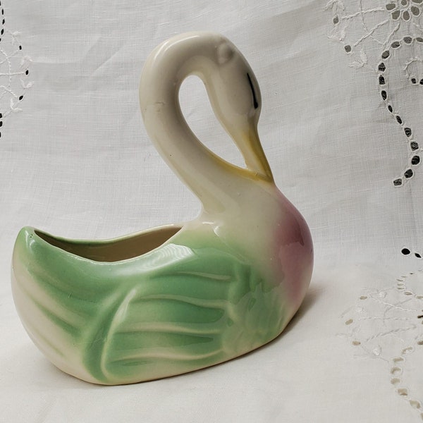 Pink & Green Swan Planter Vase Vintage Shawnee Pottery Company Delicate Pastel Watercolor Glaze