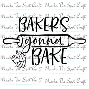 Pode incluir: Design gráfico preto e branco com o texto "BAKERS gonna BAKE" e um rolo de massa. Um cupcake com cobertura está à esquerda do texto.