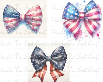 Watercolor USA Flag Bow PNG Bundle: Coquette Patriotic Clipart (Digital Download)