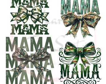 Może przedstawiać: Cztery różne wzory z napisem "Mama" w kolorze zielonym z kamuflażową kokardką. Wzory są w różnych stylach, w tym prosty wzór tekstowy, wzór z kokardką i wzór z kokardką i spiralą.