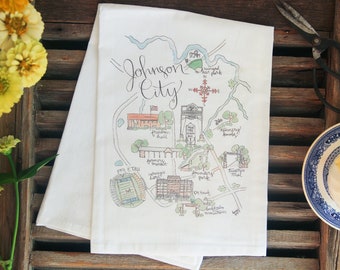 Johnson City, TN Watercolor Map 100% Cotton Tea Towel