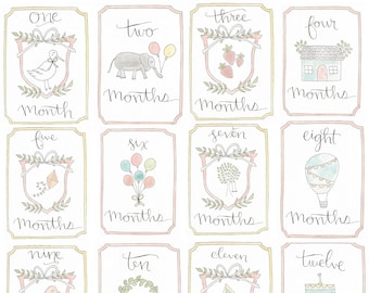 Watercolor Baby Girl Milestone Cards: First Year Memories