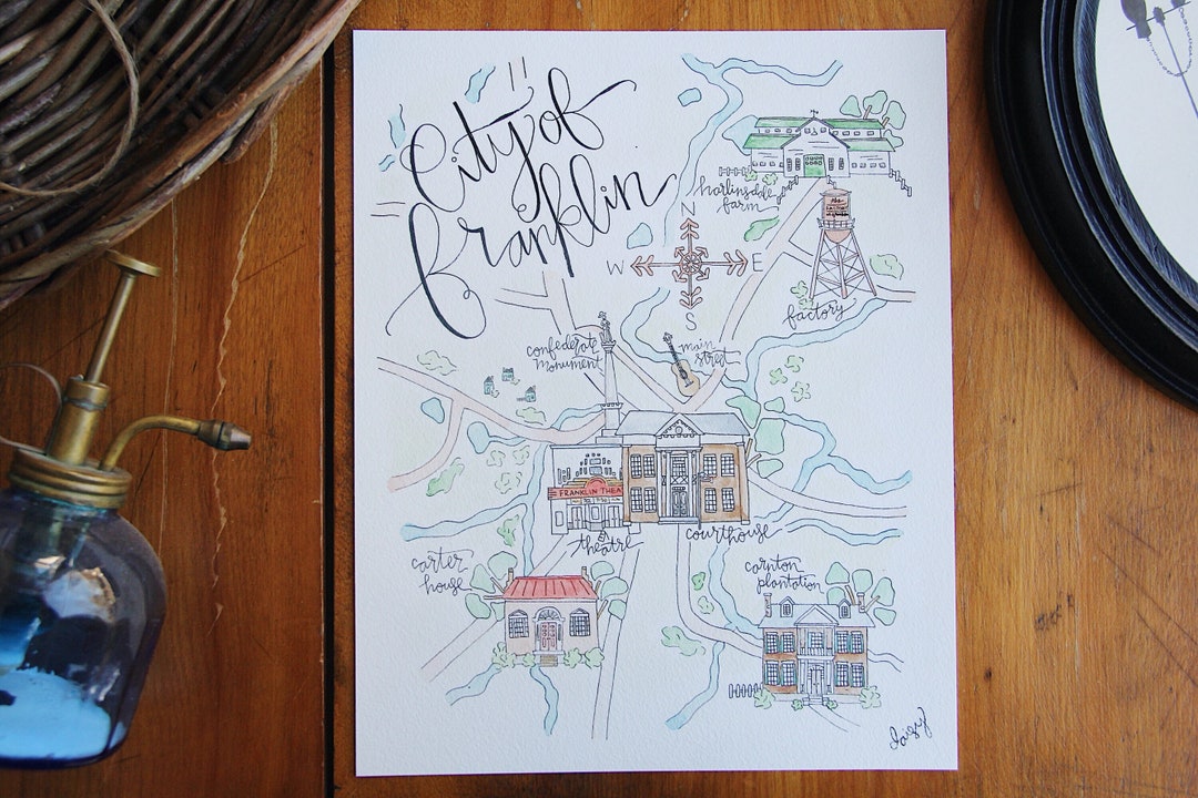 Franklin TN Map Watercolor Art Print Etsy