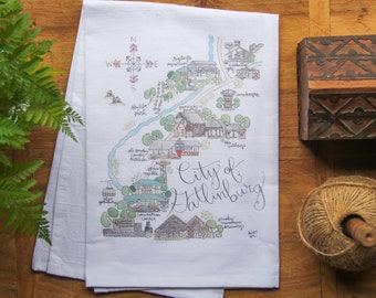 City of Gatlinburg, TN Watercolor Map 100% Cotton Tea Towel