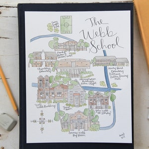 May include: A hand-drawn map of The Webb School, a campus with buildings, a field, and a river. The map includes labels for each building, including Chambliss Dormitory, Henry Rand Dormitory, John Webb Library, and the Journey Webb Big Room.