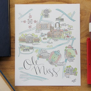 Ole Miss Map Watercolor Art Print- University of Mississippi Watercolor Art Print