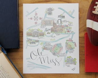 Ole Miss Watercolor Map Art Print: University of Mississippi