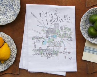 City of Huntsville, AL Watercolor Map 100% Cotton Tea Towel