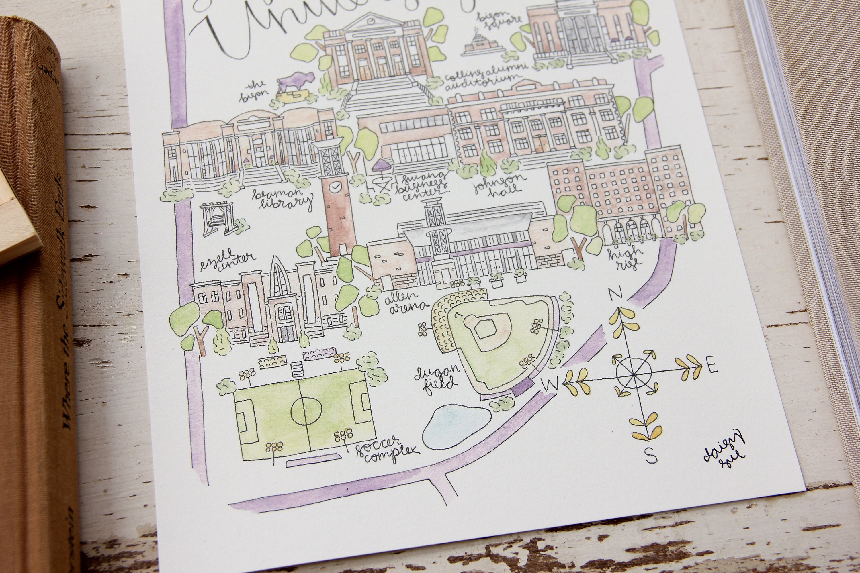 University Map Watercolor Art Print Etsy