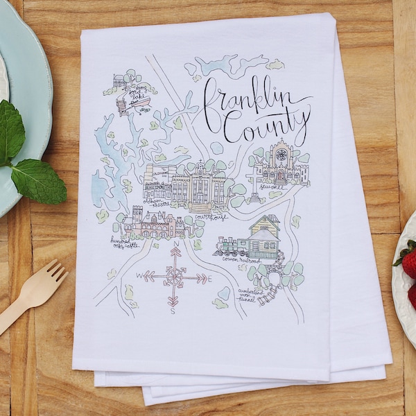 Watercolor Map of Franklin County, TN 100% Cotton Tea Towel