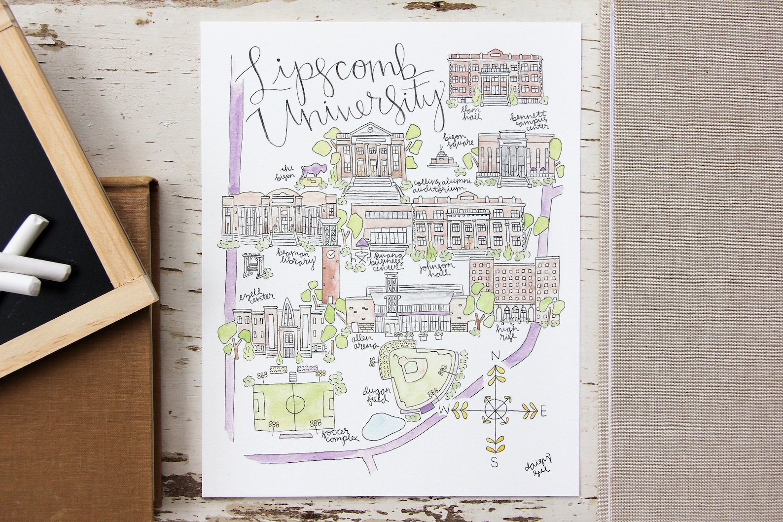 University Map Watercolor Art Print Etsy