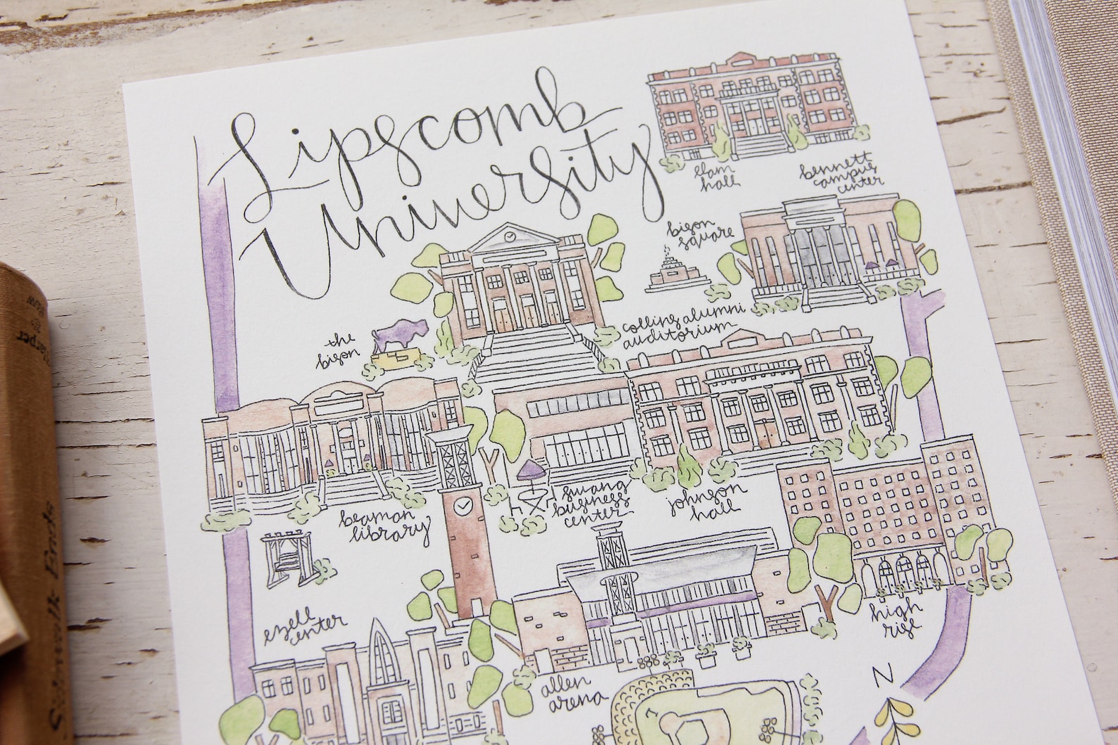 University Map Watercolor Art Print Etsy