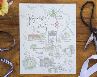 Johnson City, TN Map Watercolor Art Print