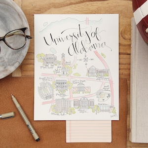 University of Alabama, Tuscaloosa AL Map Watercolor Art Print
