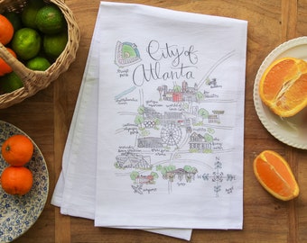 City of Atlanta, Georgia Watercolor Map 100% Cotton Tea Towel