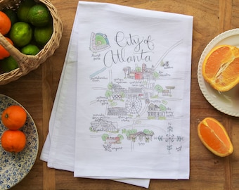 City of Atlanta, Georgia Watercolor Map 100% Cotton Tea Towel