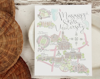 Mississippi State University Watercolor Map Art Print