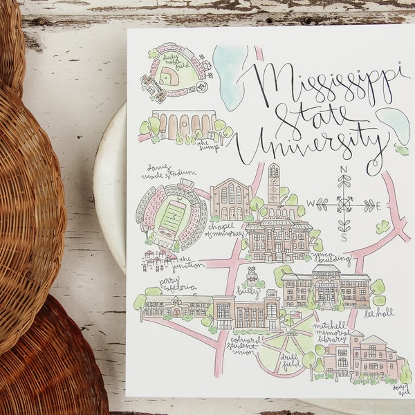 Mississippi State University Watercolor Map Art Print