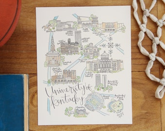 University of Kentucky, Lexington KY Map Watercolor Art Print