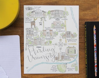 Harding University Map Watercolor Art Print