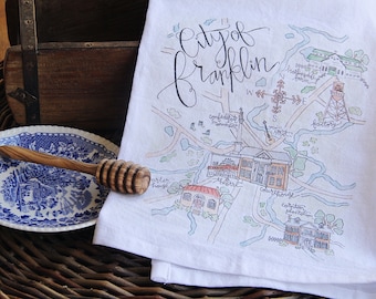 Franklin, TN Watercolor Map 100% Cotton Tea Towel