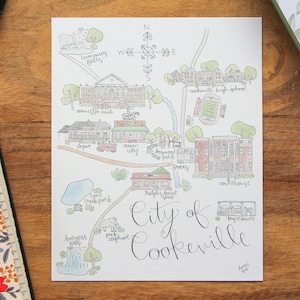 May include: A hand-drawn map of Cookeville, Tennessee, with a compass rose, landmarks, and the text "City of Cookeville".