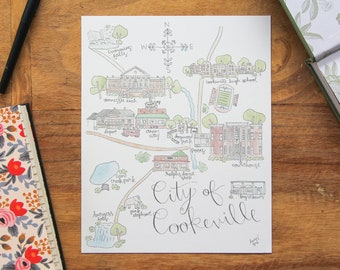 City of Cookeville, TN Map Watercolor Art Print