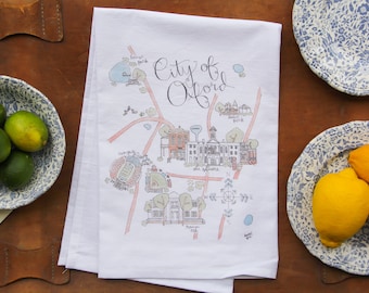 City of Oxford, MS Watercolor Map 100% Cotton Tea Towel