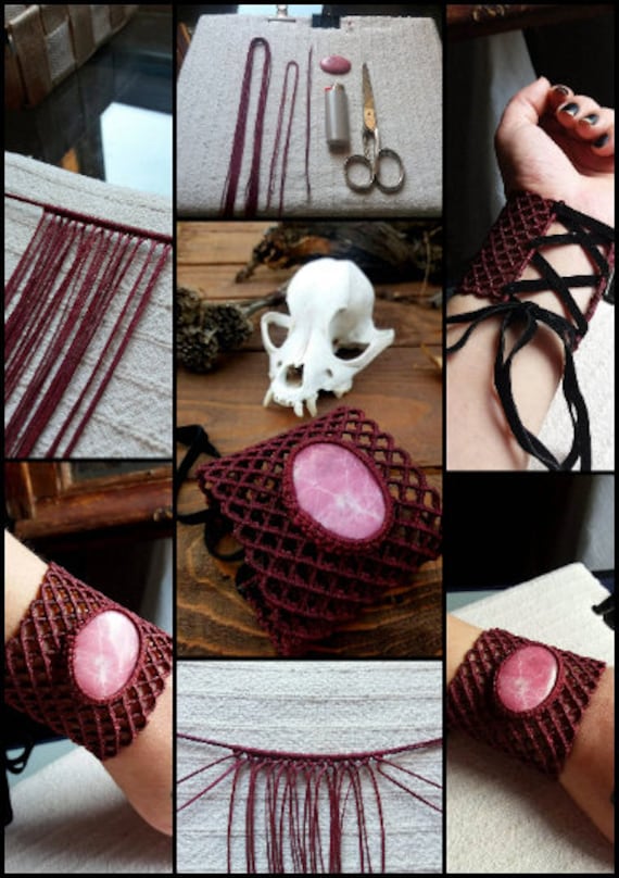 Macrame Bracelet Tutorial, Fishnet Macrame cuff  with cabochon pattern.