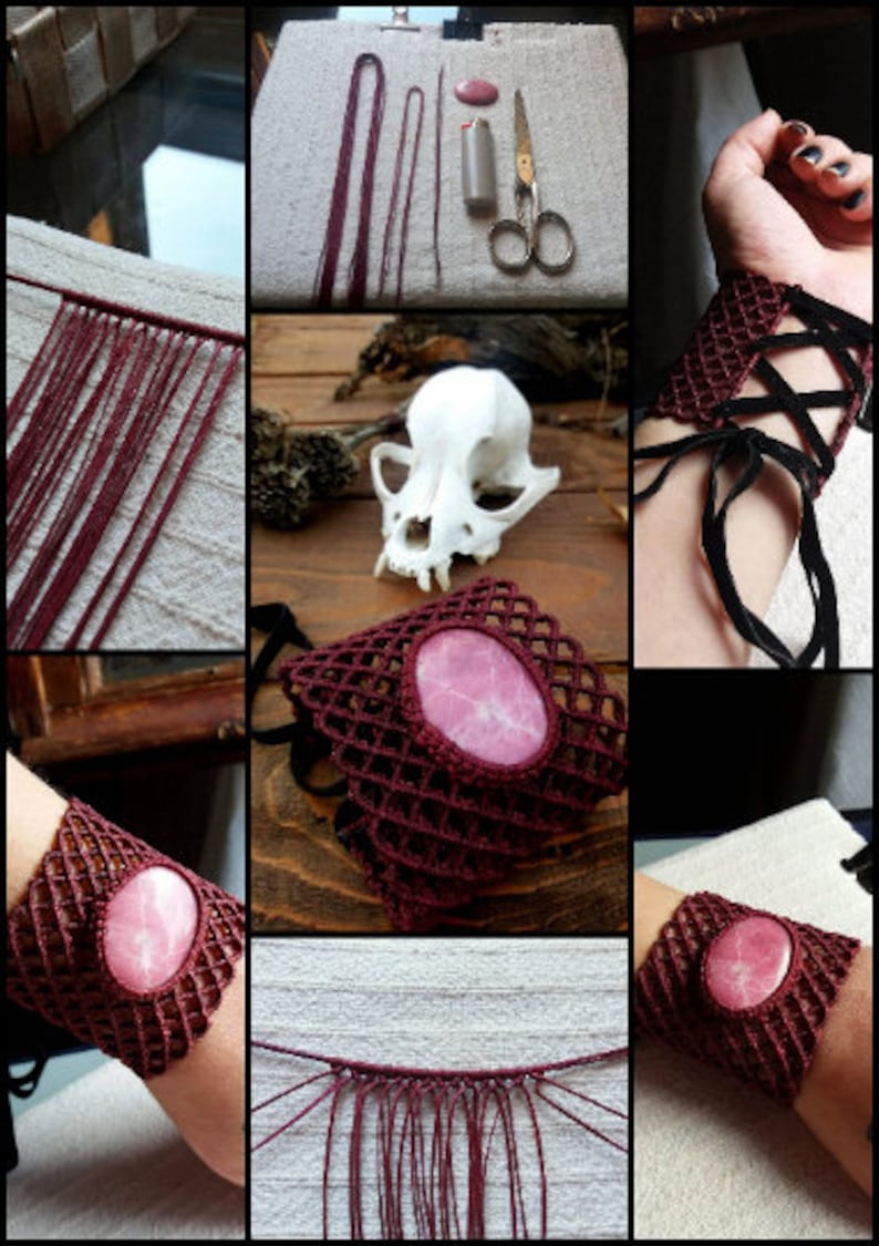 May include: A step-by-step guide to making a burgundy macrame bracelet with a pink stone. The bracelet is made with a knotting technique and features a pink stone in the center. The image shows the materials needed, the process of making the bracelet, and the finished product.