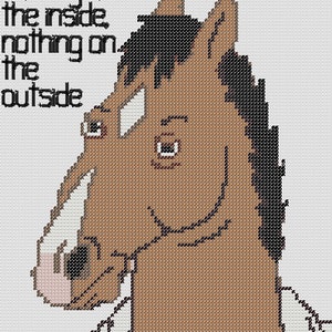 May include: A brown horse with a black mane and a white shirt. The horse has a bored expression and is looking to the left. The text "nothing on the inside nothing on the outside" is written in black letters above the horse.