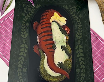 Triassic Cuddle | Prehistoric  Paleoart Dinosaur Art Print 8x10